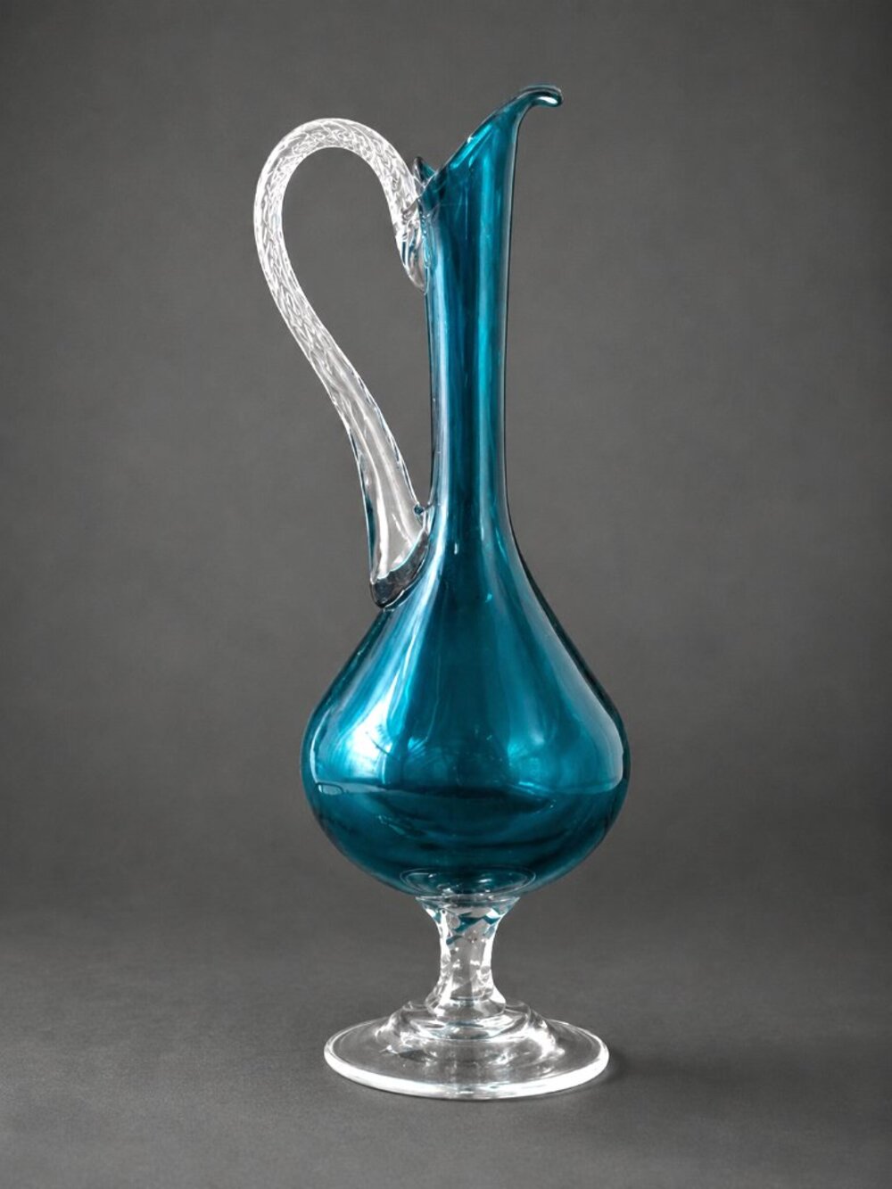 EMPOLI Italian Art Glass Footed Genie Pitcher Decanter Teal Blue Vintage